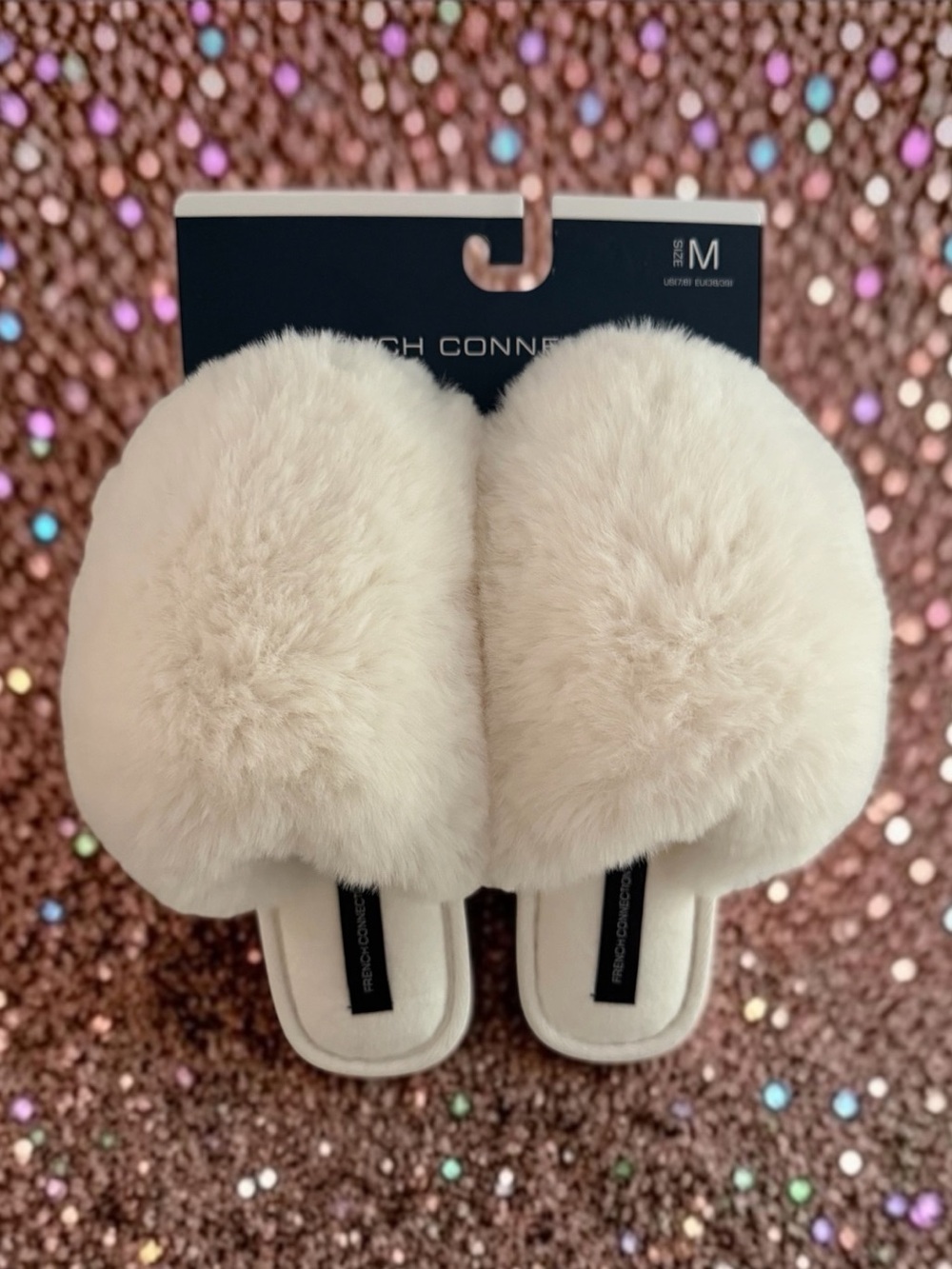 (NWT) French Connection Women’s Faux Fur Snowball Slip-On Slippers, Medium (7/8)